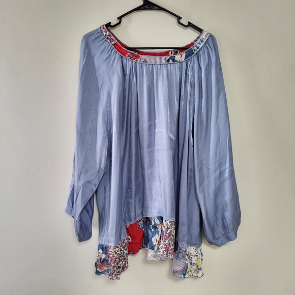 John Mark Women’s Blue Haze Satin French Blue Patchwork Peasant Top 3X boho - Picture 8 of 10